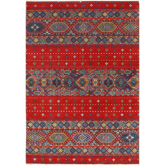 Gulshan Collection Powered Loomed Red 4'0" X 5'9" Rectangle Gulshan Design Wool Rug