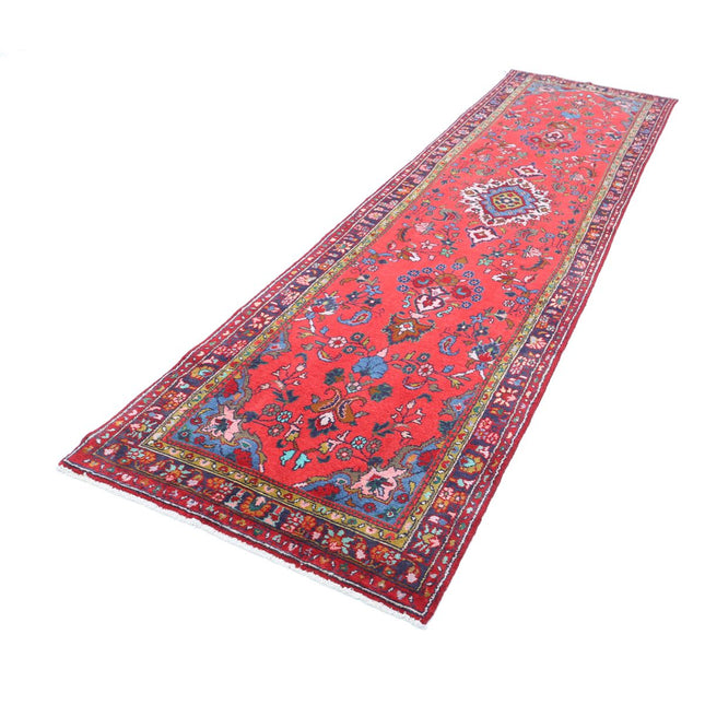 Hamadan 3' 5" X 13' 3" Hand Knotted Wool Rug 3' 5" X 13' 3" (104 X 404) / Red / Blue