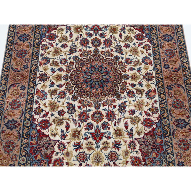 Isfahan 3' 7" X 5' 5" Hand Knotted Silk Rug 3' 7" X 5' 5" (109 X 165) / Ivory / Brown