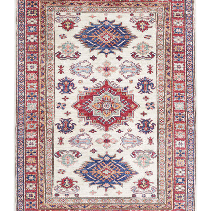 Kazak 4' 0" X 5' 5" Hand Knotted Wool Rug 4' 0" X 5' 5" (122 X 165) / Ivory / Wool