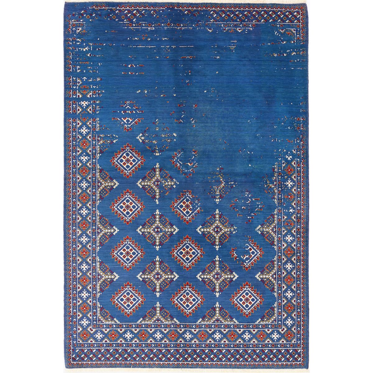 Ajrak Collection Powered Loomed Blue 4'0" X 6'0" Rectangle Ajrak Design Wool Rug