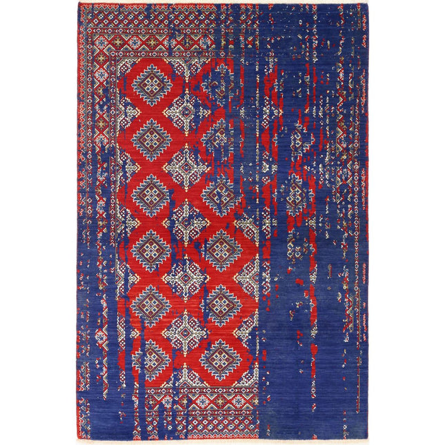 Ajrak Collection Powered Loomed Red 4'0" X 6'0" Rectangle Ajrak Design Wool Rug