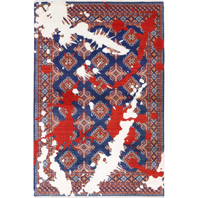 Ajrak Collection Powered Loomed Blue 4'4" X 6'0" Rectangle Ajrak Design Wool Rug