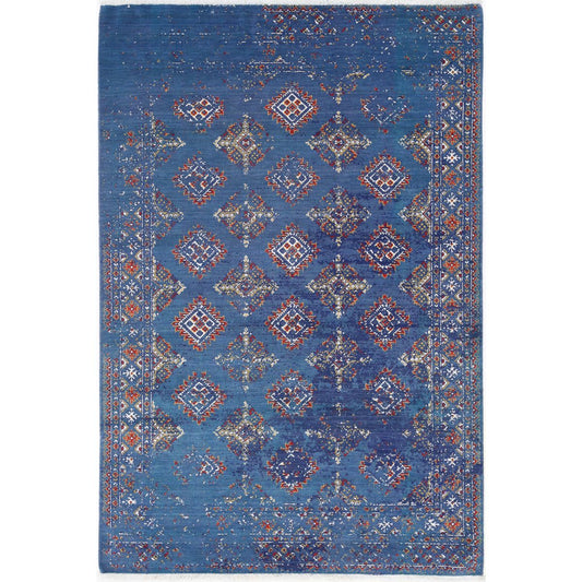 Ajrak Collection Powered Loomed Blue 4'0" X 6'0" Rectangle Ajrak Design Wool Rug