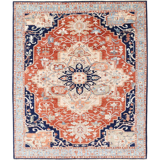 Heriz Collection Hand Knotted Blue 8'0" X 9'8" Rectangle Farhan Design Wool Rug
