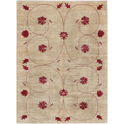 Modcar 4' 11" X 6' 4" Hand-Knotted Wool Rug 4' 11" X 6' 4" (150 X 193) / Ivory / Red