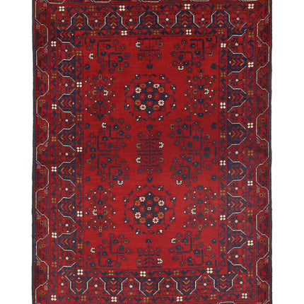 Afghan 3' 4" X 4' 11" Hand Knotted Wool Rug 3' 4" X 4' 11" (101 X 150) / Red / Wool