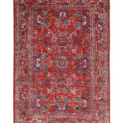 Humna 4' 0" X 6' 1" Hand Knotted Wool Rug 4' 0" X 6' 1" (122 X 185) / Red / Wool