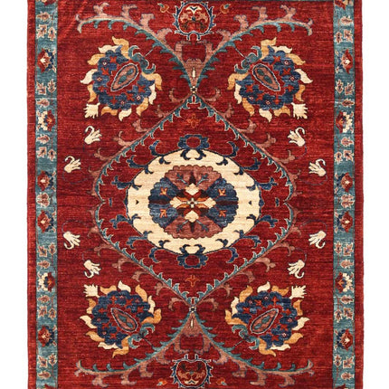 Humna 4' 1" X 6' 6" Hand Knotted Wool Rug 4' 1" X 6' 6" (124 X 198) / Red / Wool