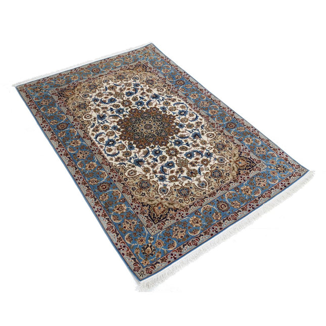 Isfahan 3' 7" X 5' 1" Hand Knotted Silk Rug 3' 7" X 5' 1" (109 X 155) / Ivory / Blue