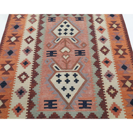 Kafkaas Kilim 4' 9" X 6' 10" Wool Hand-Woven Kilim 4' 9" X 6' 10" (145 X 208) / Multi / Multi