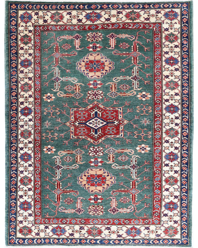 Kazak 3' 10" X 5' 0" Hand Knotted Wool Rug 3' 10" X 5' 0" (117 X 152) / Green / Wool
