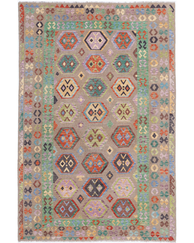 Maimana Kilim 6' 4" X 9' 9" Hand Knotted Wool Kilim 6' 4" X 9' 9" (193 X 297) / Brown / Wool