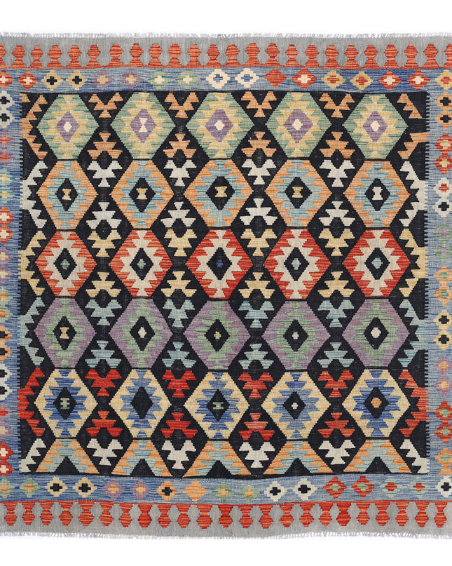 Maimana Kilim 6' 3" X 6' 7" Hand Knotted Wool Kilim 6' 3" X 6' 7" (191 X 201) / Black / Wool