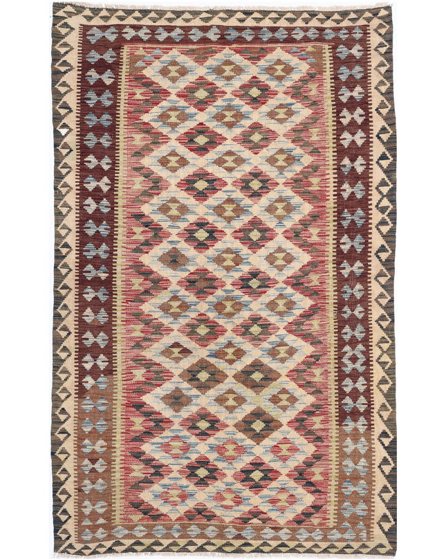 Maimana Kilim 4' 8" X 7' 9" Hand Knotted Wool Kilim 4' 8" X 7' 9" (142 X 236) / Red / Wool