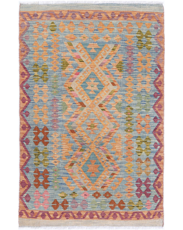 Maimana Kilim 3' 3" X 4' 11" Hand Knotted Wool Kilim 3' 3" X 4' 11" (99 X 150) / Blue / Wool