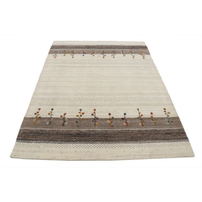 Modren 4' 8" X 6' 6" Wool Hand-Knotted Rug 4' 8" X 6' 6" (142 X 198) / Ivory / Brown