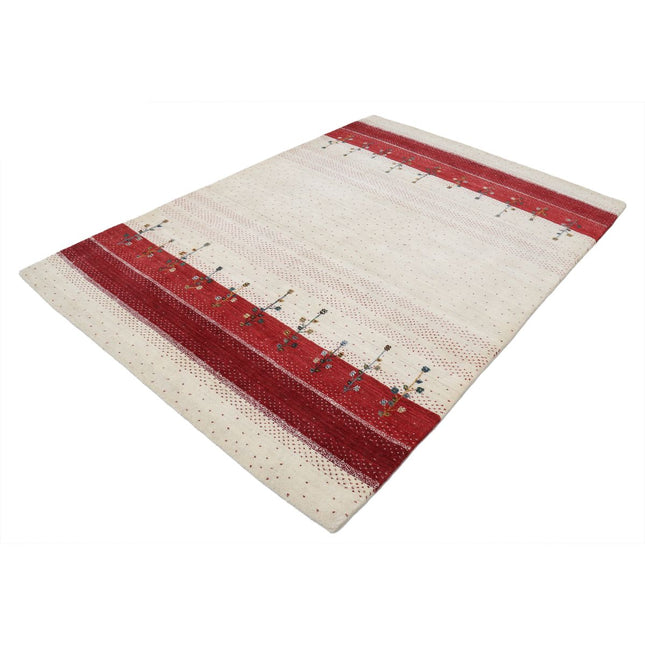 Modren 5' 4" X 7' 8" Wool Hand-Knotted Rug 5' 4" X 7' 8" (163 X 234) / Ivory / Red