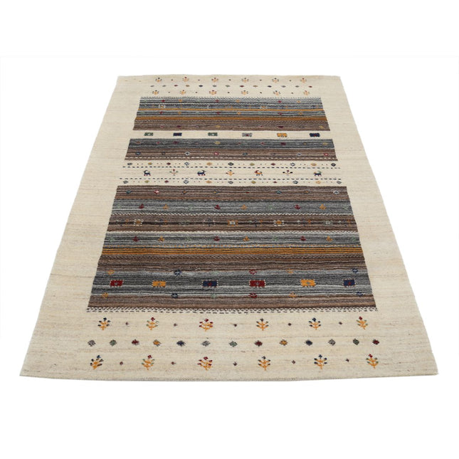 Modren 4' 0" X 5' 10" Wool Hand-Knotted Rug 4' 0" X 5' 10" (122 X 178) / Ivory / Brown