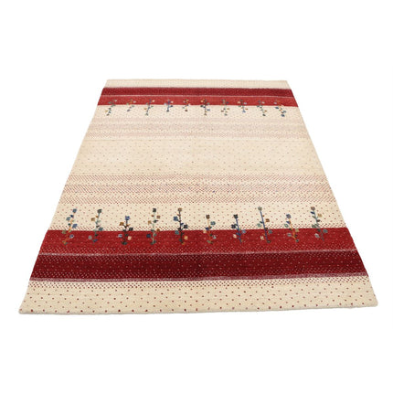 Modren 4' 9" X 6' 6" Wool Hand-Knotted Rug 4' 9" X 6' 6" (145 X 198) / Ivory / Red