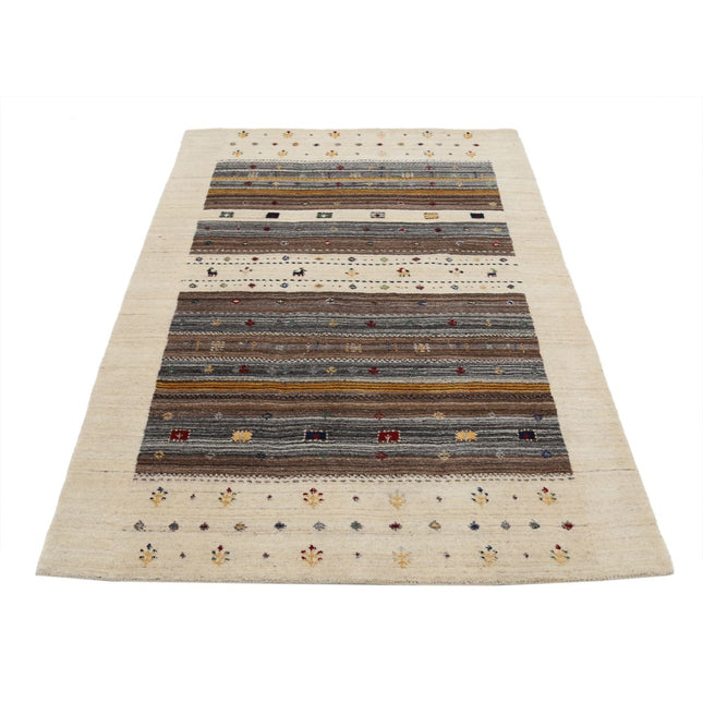 Modren 3' 11" X 5' 11" Wool Hand-Knotted Rug 3' 11" X 5' 11" (119 X 180) / Ivory / Brown