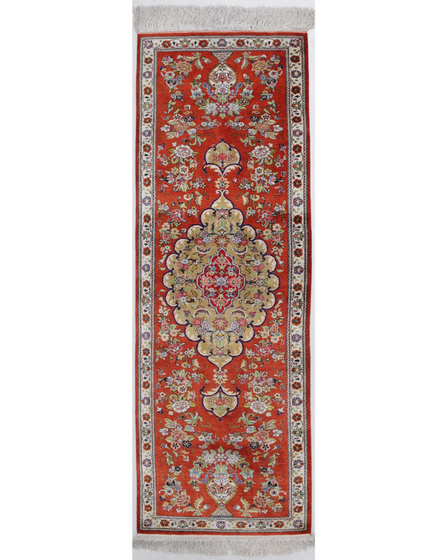 Qum 1' 7" X 5' 3" Hand Knotted Silk Rug 1' 7" X 5' 3" (48 X 160) / Rust / Silk