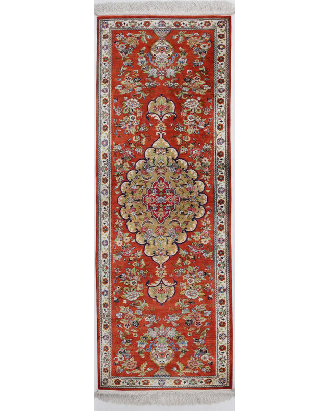 Qum 1' 7" X 5' 3" Hand Knotted Silk Rug 1' 7" X 5' 3" (48 X 160) / Rust / Silk