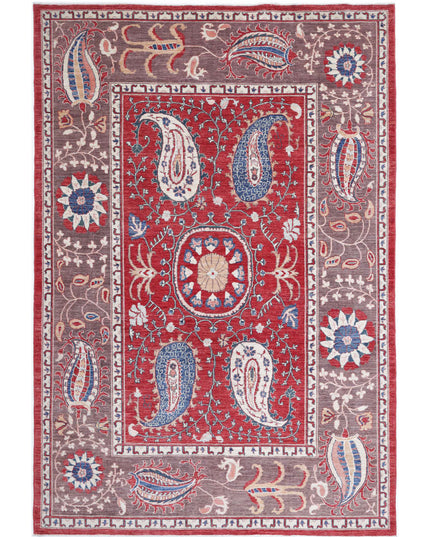Suzani 6' 7" X 9' 9" Hand Knotted Wool Rug 6' 7" X 9' 9" (201 X 297) / Red / Wool